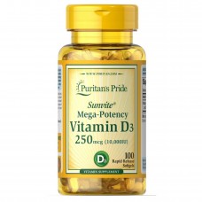Вітамін Д3 250мкг, Vitamin D3 250mcg(10000 IU) Mega-Potency - 100 softgels Puritans Pride