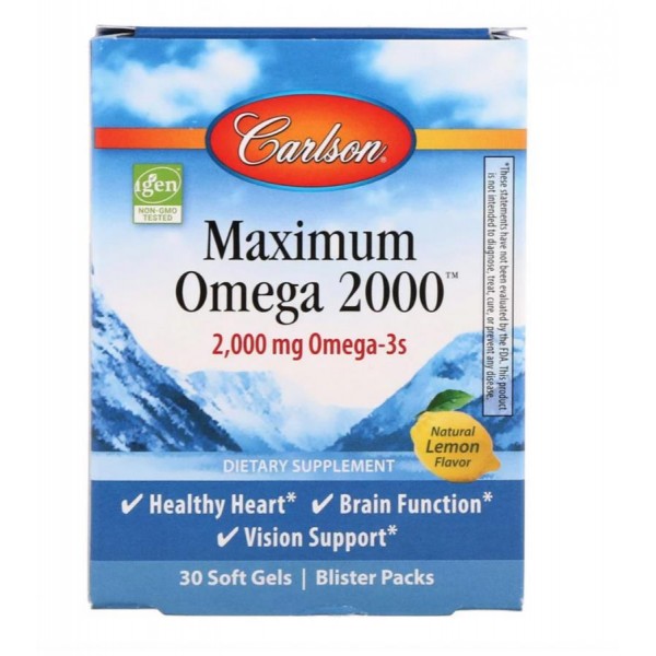 Омега з натуральним смаком лимона, Maximum Omega 2000, Carlson Labs, 2000 мг, 30 гелевих капсул
