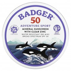 Badger Company, Adventure Sport, мінеральний сонцезахисний засіб із прозорим цинком, SPF 50, без запаху, 68 г (2,4 унції)