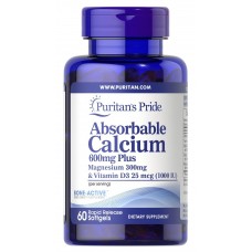 Кальцій плюс магній і вітамін Д3, Absorbable Calcium plus Magnesium with Vitamin D3, Puritan's Pride, 600 мг / 300 мг / 1000 МО, 60 капсул
