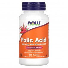 Фолієва кислота і вітамін В-12, Folic Acid, Now Foods, 800 мкг, 250 таблеток
