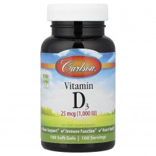 Витамин D3, Vitamin D3, Carlson, 25 мкг (1000 МЕ), 100 гелевых капсул