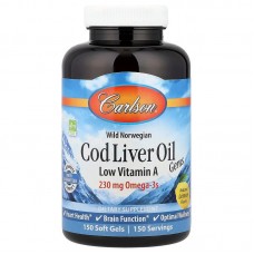 Рыбий жир из печени трески, Cod Liver Oil, Carlson, лимон, с низким содержанием витамина А, норвежский, 230 мг, 150 гелевых капсул