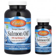 Лососевый жир, обогащенный Омега-3, Salmon Oil, Carlson, 500 мг, 180+50 гелевых капсул
