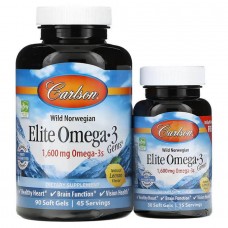 Омега-3, Elite Omega-3, Carlson, вкус лимона, норвежский, 1600 мг, 90+30 гелевых капсул (800 мг на 1 капсулу)