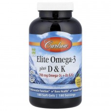 Омега 3 + вітамін D3 та вітамін К, Elite Omega-3 Plus D&K, Carlson, натуральний лимон, 180 гелевих капсул