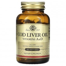 Витамин А и  D из масла печени трески, Cod Liver Oil, Vitamins A & D, Solgar, 100 гелеввых капсул