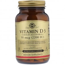 Витамин D3 (холекальциферол), Vitamin D3, Solgar, 55 мкг (2200 МЕ), 100 вегетарианских капсул