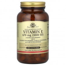 Витамин E, d-альфа-токоферол плюс d-гамма-токоферол, d-дельта-токоферол и d-бета-токоферол, Solgar, 670 мг (1000 МЕ), 100 гелевых капсул