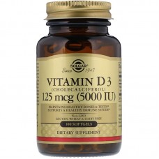 Витамин D3 (холекальциферол), Vitamin D3, Solgar, 125 мкг (5000 МЕ), 100 гелевых капсул