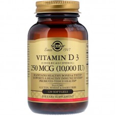 Витамин D3 (холекальциферол), Vitamin D3, Solgar, 250 мкг (10000 МЕ), 120 гелевых капсул