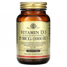 Витамин D3 (холекальциферол), Vitamin D3, Solgar, 25 мкг (1000 МЕ), 100 гелевых капсул