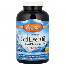 Риб'ячий жир з печінки тріски, Cod Liver Oil Gems, Carlson, лимон, з низьким вмістом вітаміну А, 300 гелевих капсул